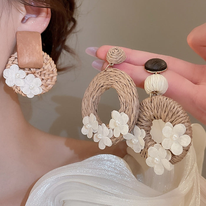Sterling Silver Post Square Wood Rattan Fabric Flower Pearl Vacation Style Stud Earrings