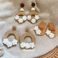 Sterling Silver Post Square Wood Rattan Fabric Flower Pearl Vacation Style Stud Earrings view 2
