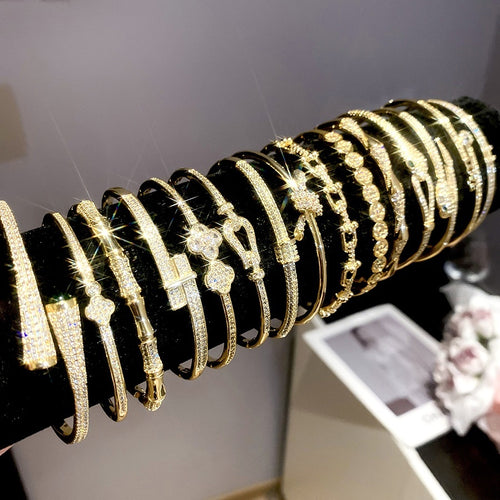 18K Gold Plated Copper Zircon Snake Open Bangle For Women European American Fashion Jewelry