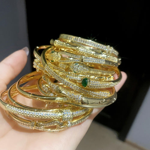 18K Gold Plated Copper Zircon Snake Open Bangle For Women European American Fashion Jewelry