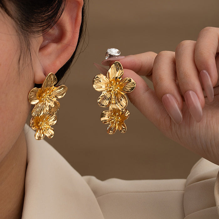 Elegant Luxury Gold Alloy Double Flower Drop Stud With Crystal Accent Women's Fashion Earrings