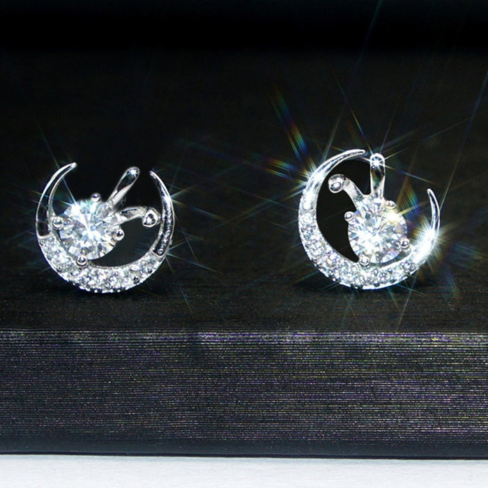 Cute Bunny And Moon Zircon Stud Earrings For Women, Sweet Delicate Daily Lady Jewelry