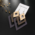Purple Layered Geometric Wood Drop Earrings with Square Frames view 2
