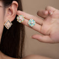 Elegant Chinese Style Enamel Flower Studs With Alloy Rhinestone Pearl Accents Luxury Vintage Earrings view 1