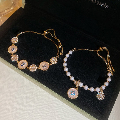 Vintage Faux Pearl Zircon Round Geometric Bangle For Women Luxury Fashion Jewelry