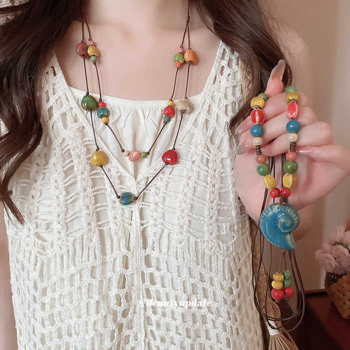 Vacation Style Double Layer Wax Cord Beaded Ceramic Heart Conch Geometric Necklace