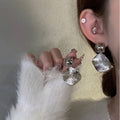 Alloy Geometric Square Pearl Round Pendant Drop Earrings, Minimalist Metallic Stud Style view 3