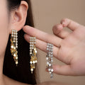 Korean Luxury Long Rhinestone Tassel Studs With Gold Sequin Fringe Statement Women's Earrings view 1