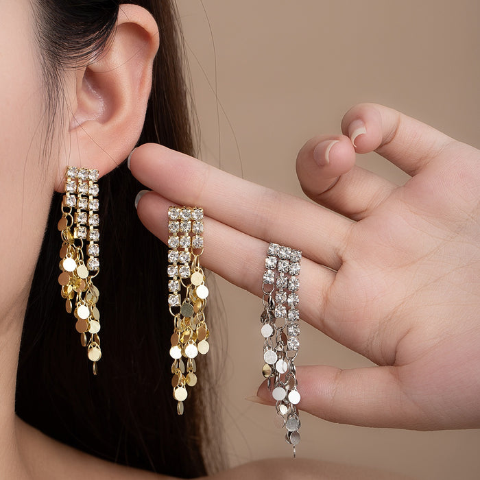 Korean Luxury Long Rhinestone Tassel Studs With Gold Sequin Fringe Statement Women's Earrings