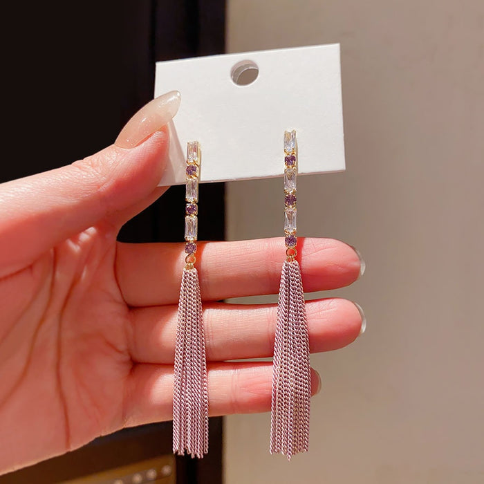 Elegant Copper Zircon Chain Tassel Drop Earrings Geometric Lightweight Commuter Jewelry for Women