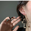 Alloy Crinkled Hollow Cross Pendant Hoop Earrings Vintage Versatile Niche Style Jewelry view 4
