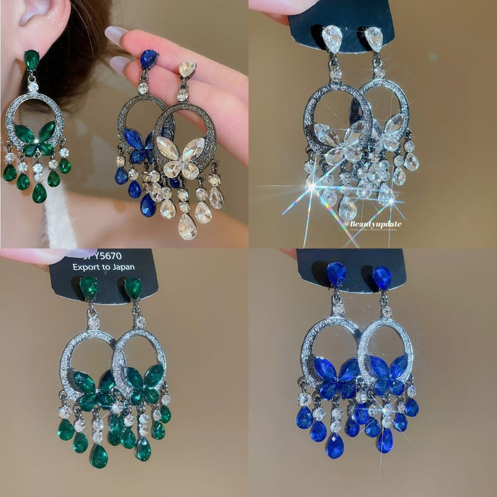 Light Luxury Alloy Butterfly Tassel Drop Earrings With Rhinestone Waterdrop Oval Design
