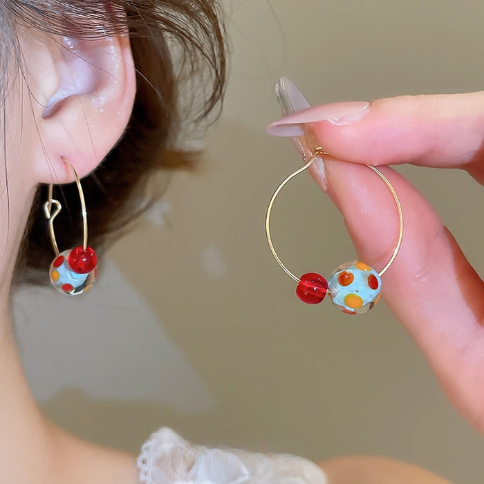 Fresh Style Resin Hoop Earrings With Colorful Round Ball Pendant Geometric Design For Women