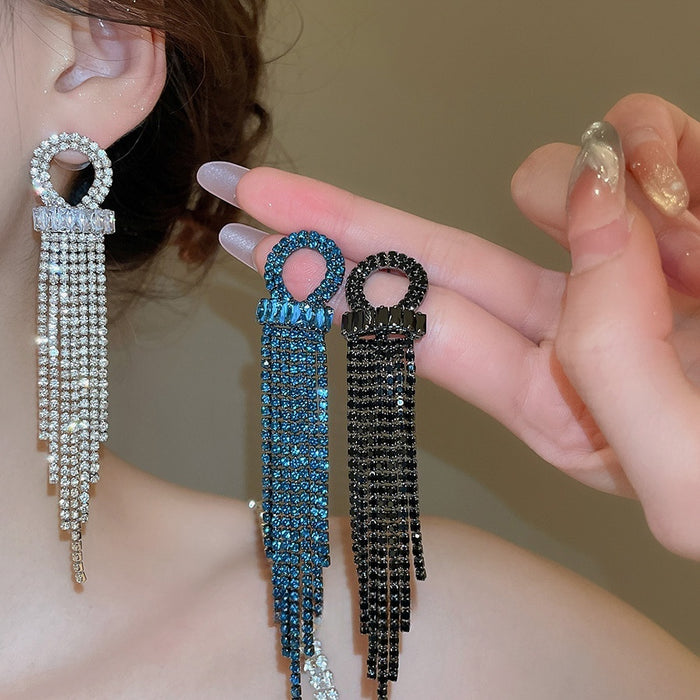 Light Luxury Copper Geometric Round Zircon Tassel Drop Earrings With Silver Posts