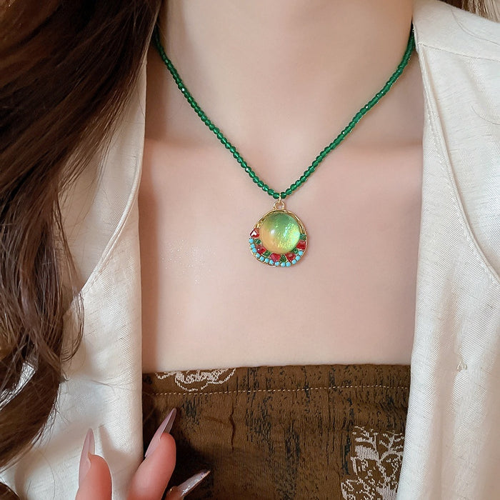 Vintage Glass Crystal Beaded Geometric Round Resin Pendant Choker Necklace