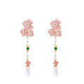 Elegant Pink Enamel Flower Pearl Crystal Rhinestone Waterdrop Tassel Long Alloy Stud Drop Earrings view 5