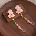 Elegant Pink Enamel Flower Pearl Crystal Rhinestone Waterdrop Tassel Long Alloy Stud Drop Earrings view 3