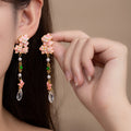Elegant Pink Enamel Flower Pearl Crystal Rhinestone Waterdrop Tassel Long Alloy Stud Drop Earrings view 1