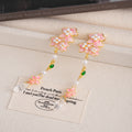 Elegant Pink Enamel Flower Pearl Crystal Rhinestone Waterdrop Tassel Long Alloy Stud Drop Earrings view 4
