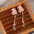 Elegant Pink Enamel Flower Pearl Crystal Rhinestone Waterdrop Tassel Long Alloy Stud Drop Earrings view 2