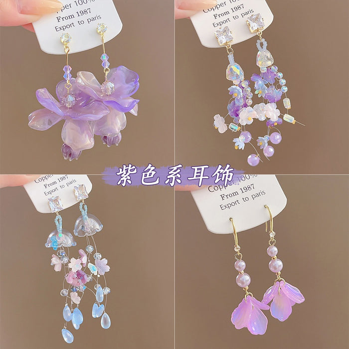 Silver Needle Zircon Resin Flower Pearl Tassel Drop Earrings Sweet Summer Floral Style