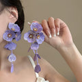 Alloy Chiffon Flower Beaded Tassel Drop Earrings With Silver Tone Posts Sweet Floral Style view 2