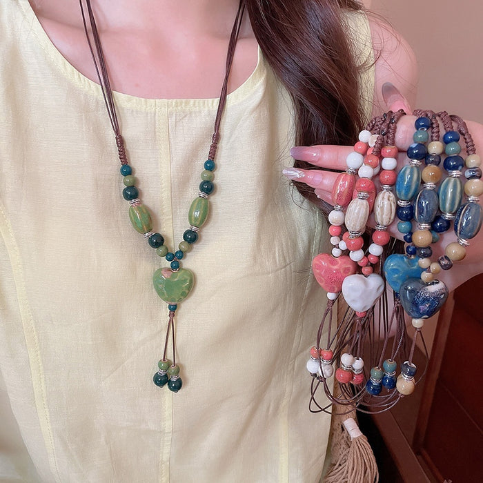 New Chinese Style Ceramic Heart Pendant Necklace For Women Ethnic Retro Woven Collarbone Jewelry