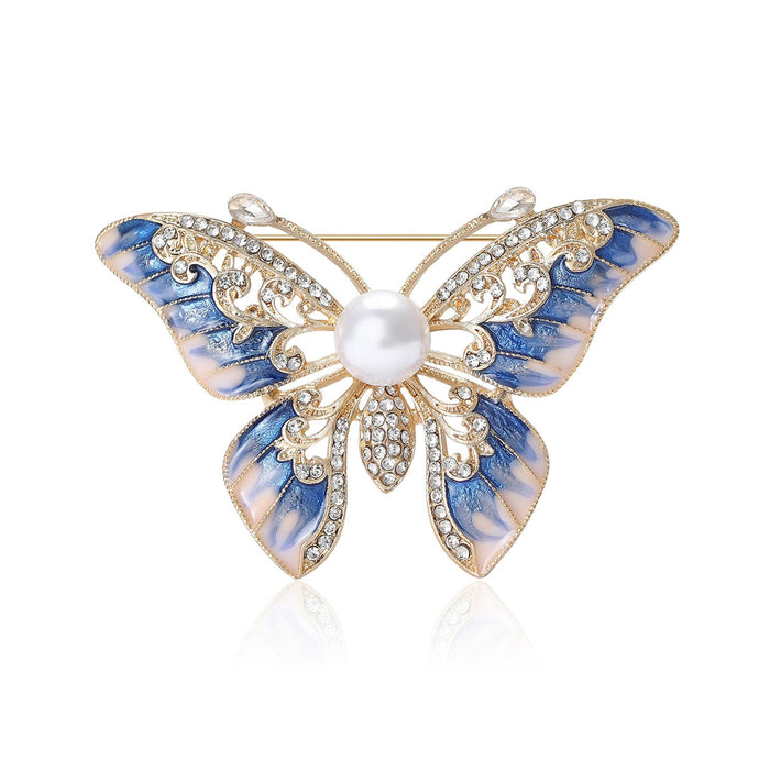 Alloy Enamel Rhinestone Butterfly Brooch With Pearl For Suit Decoration