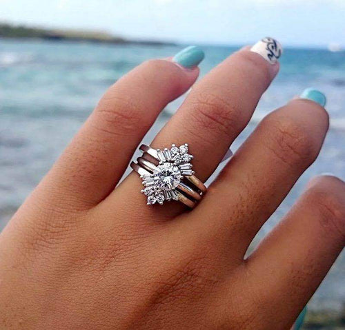 Silver-Tone Three-Tier Cluster Ring With Clear Marquise Stones shown in front product view