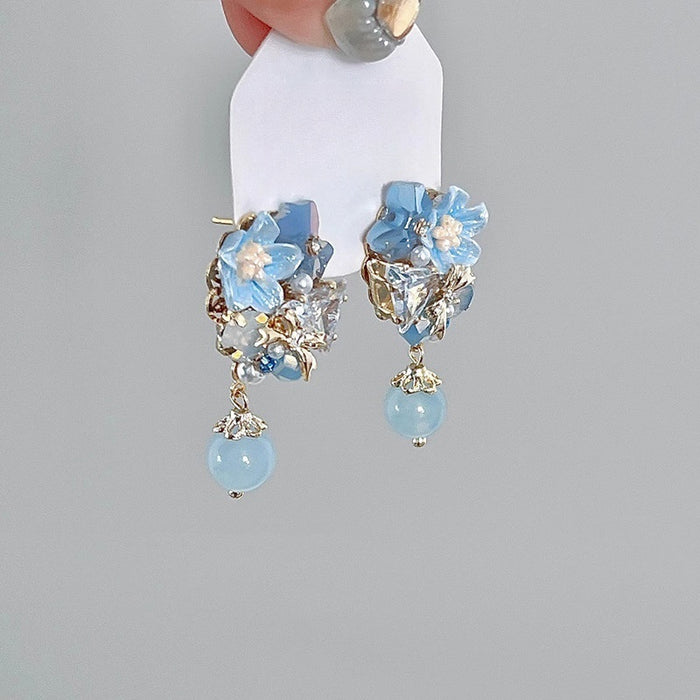 Fresh Floral Resin Stone Crystal Zircon Silver Needle Drop Earrings, Light Luxury Sweet Style