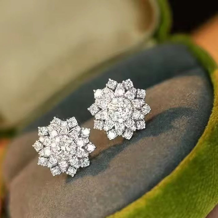 Flower Snowflake Stud Earrings For Women, Sweet Elegant Micro Paved Zircon Fashion Jewelry