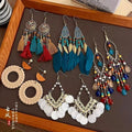 Bohemian Ethnic Geometric Woven Feather Tassel Long Drop Earrings For Women Travel Wear view 2