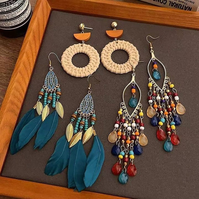 Bohemian Ethnic Geometric Woven Feather Tassel Long Drop Earrings For Women Travel Wear