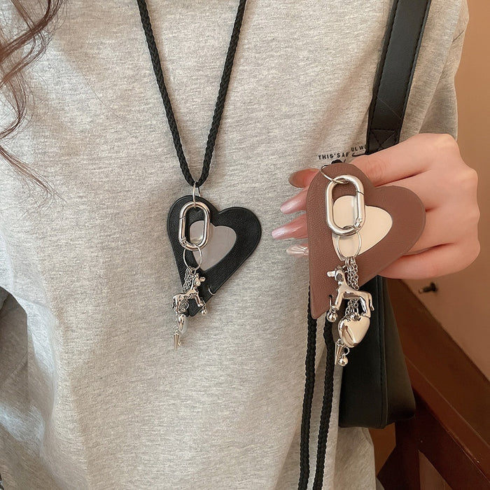 Minimalist Leather Heart Dog Clasp Pendant Sweater Necklace, Chic Niche Style