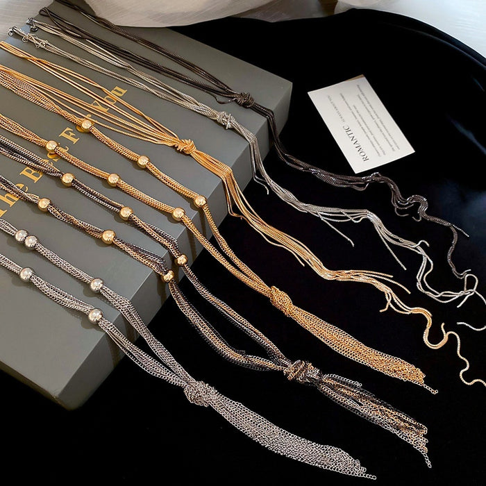 European Style Metal Multilayer Knotted Chain Tassel Sweater Necklace For Women