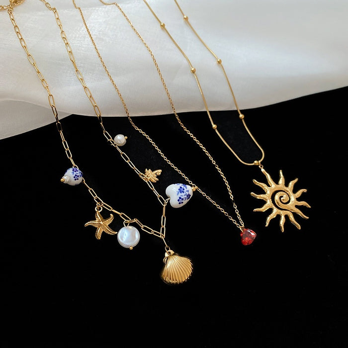 Stainless Steel Shell Starfish Faux Pearl Blue Porcelain Pendant Choker Necklace