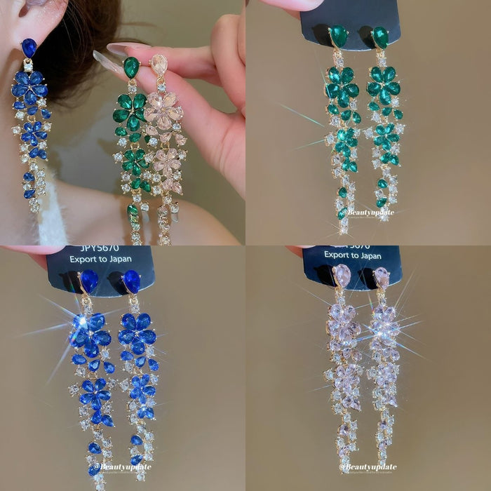 Chic Alloy Rhinestone Flower Tassel Drop Earrings For Women, Elegant Light Luxury Style