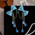 Elegant Blue Enamel Bowknot Waterdrop Tassel Alloy Chain Beach Vacation Long Stud Drop Earrings view 3