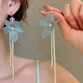 Fresh Floral Zircon Crystal Tassel Drop Earrings With Silver Pins And Knitted Flower Design view 3
