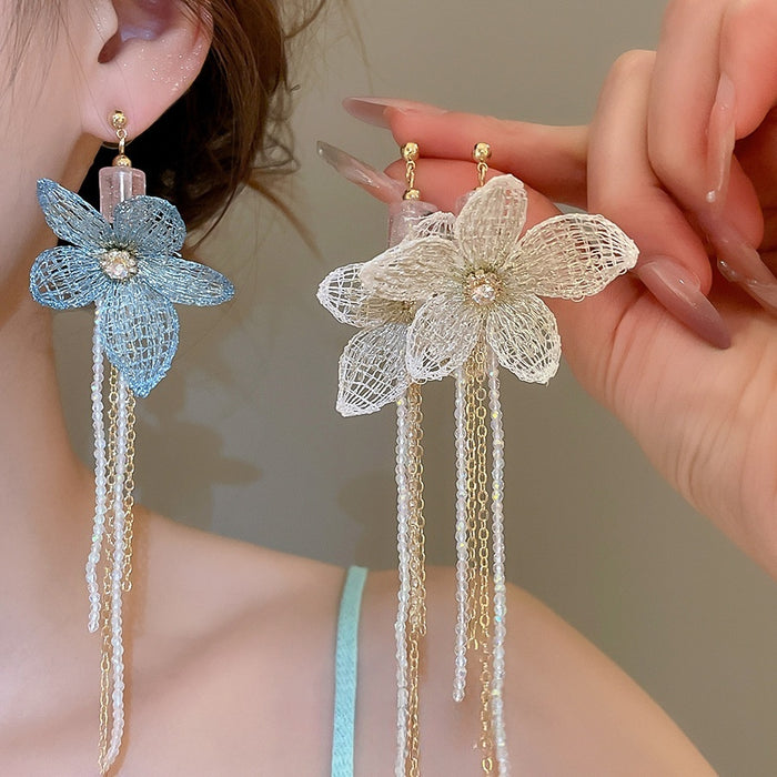 Fresh Floral Zircon Crystal Tassel Drop Earrings With Silver Pins And Knitted Flower Design