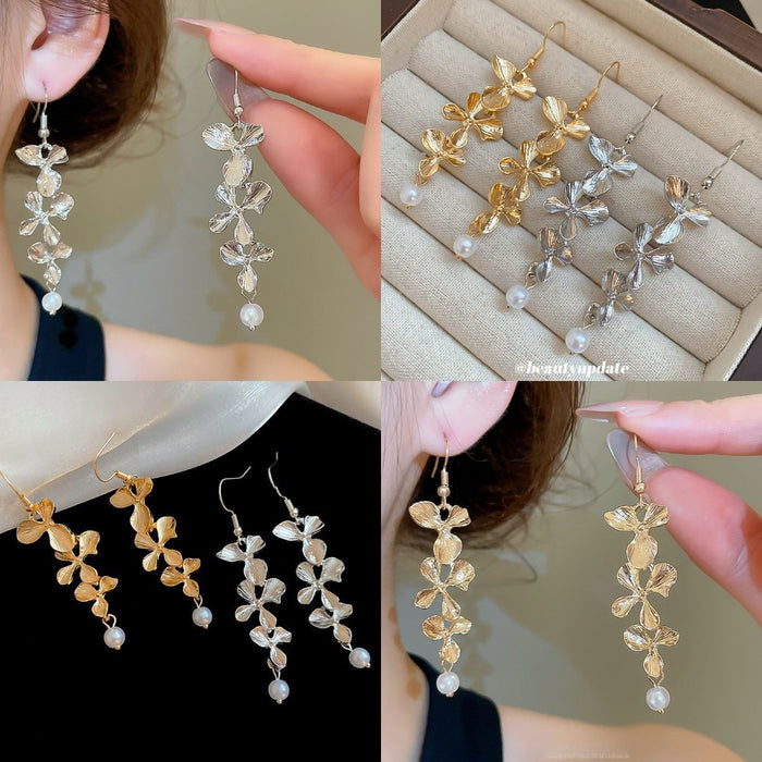 Metal Flower Pearl Tassel Drop Earrings For Women, Minimalist European American Style