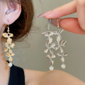 Metal Flower Pearl Tassel Drop Earrings For Women, Minimalist European American Style view 2