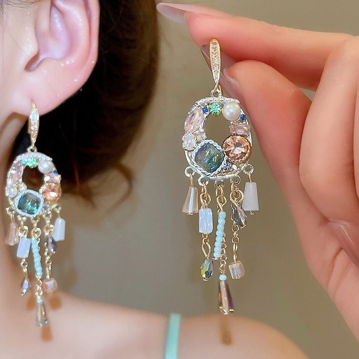 Vintage Ethnic Geometric Zircon Pearl Crystal Tassel Drop Earrings