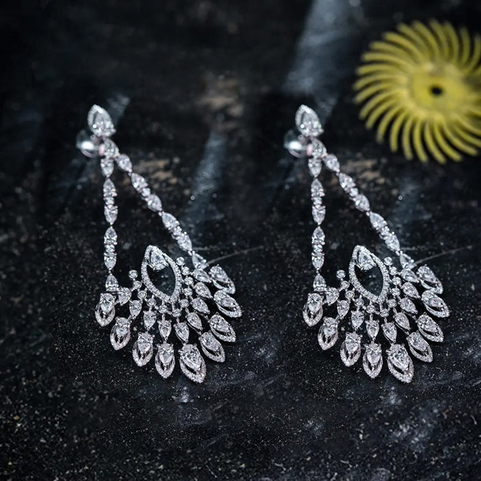 Copper Zircon Hollow Teardrop Flower Stud Earrings, Light Luxury Geometric Design