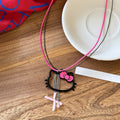 Sweet Alloy Wax Cord Double Layer Cat Pendant Bow Glass Sweater Necklace For Women view 4