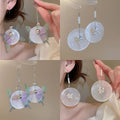 Shell Chiffon Round Butterfly Tassel Drop Earrings, Beach Vacation Geometric Ear Hook Jewelry view 1