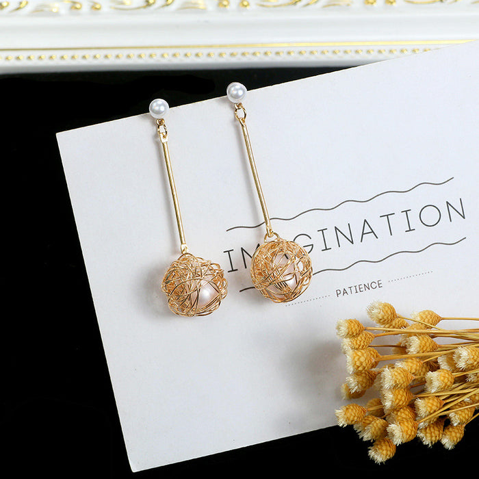 Gold Bar Pearl Look Top and Wire Nest Ball Earrings
