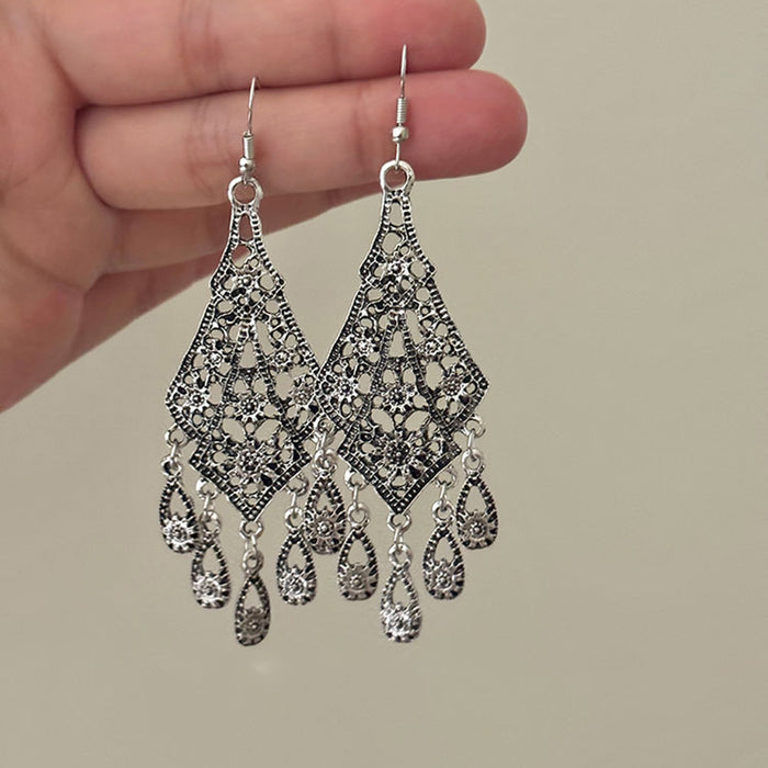 Vintage Ethnic Alloy Hollow Flower Teardrop Tassel Drop Earrings