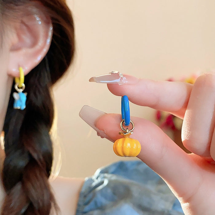 Fresh Style Copper Enamel Auspicious Elephant Pumpkin Round Pendant Drop Earrings