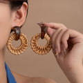 Bohemian Woven Rattan Hollow Round Hoop Acrylic Tortoise Stud Statement Vintage Drop Earrings view 1